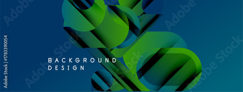 Abstract geometric shapes overlap, creating dynamic visual effect. Blue, green gradients dominate composition. Text reads background design.