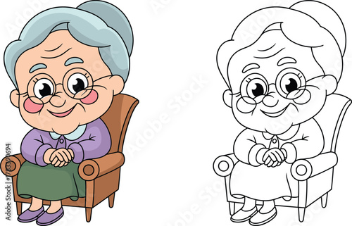 Cute Happy Granny Sitting in Armchair Vector Cartoon Illustration, Coloring Page Outline, Grandmother Line Art Drawing, Family Education Activity.