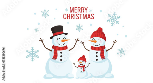 Happy snowman family celebrating christmas with snowflakes and festive greetings