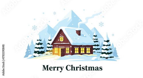 Cozy winter cabin nestled in snowy mountains with pine trees and falling snowflakes illuminated by warm light from windows