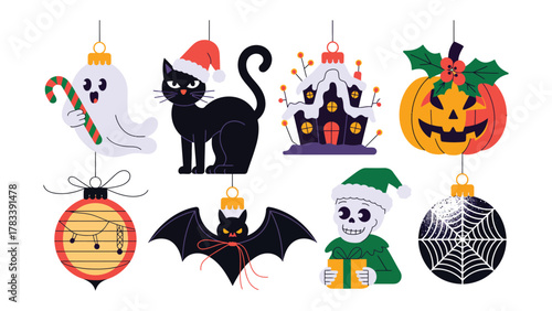 Festive Holiday Ornaments: A vibrant collection of Christmas and Halloween ornaments, creating a delightful scene with a playful mix of festive elements.