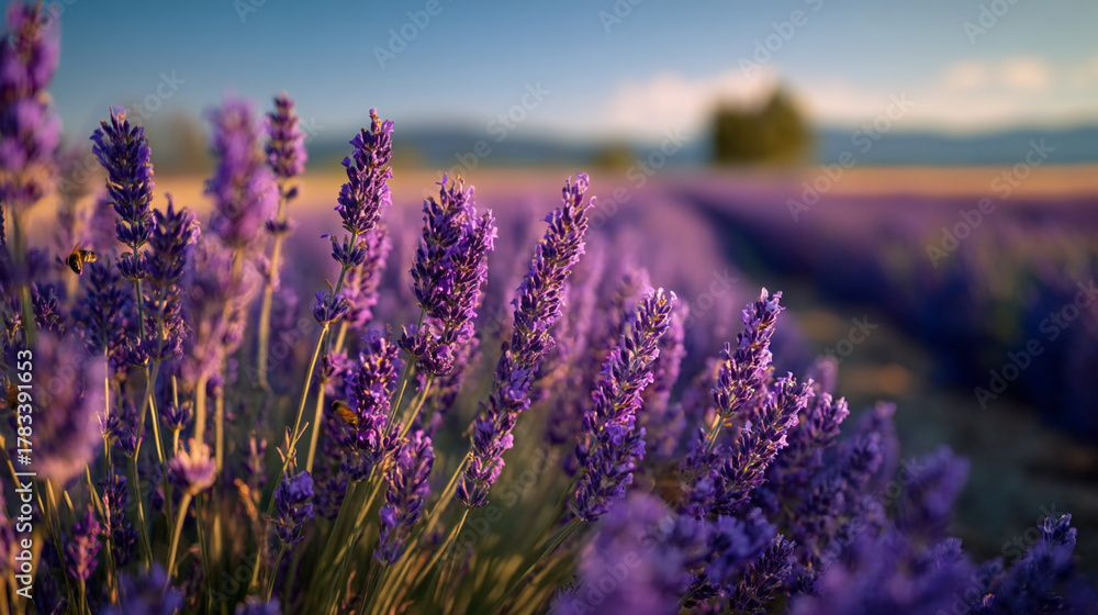 Obraz premium Close up of a lavender field with a blurred background under a blue sky