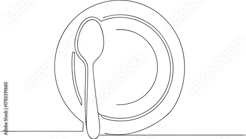 Single line drawing of a plate and spoon cutlery dish