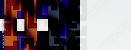 Abstract geometric shapes, vibrant colors blend. Dark blues, oranges, reds create dynamic composition. White space balances design.