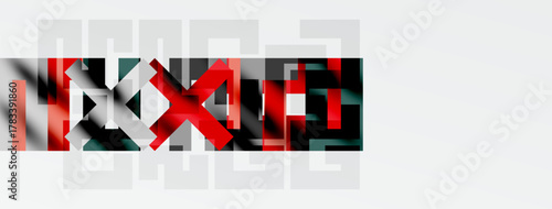 Abstract geometric shapes, red, black, gray. Minimalist design, blocky forms, textured surface, modern aesthetic. Composition focuses on fragmented elements.