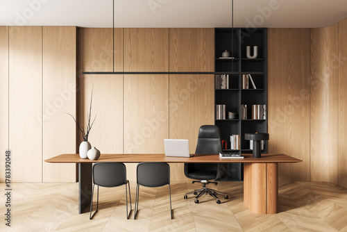 Modern wooden office interior with minimalist furniture and built-in shelving on chevron parquet flooring in warm neutral tones. 3D Rendering