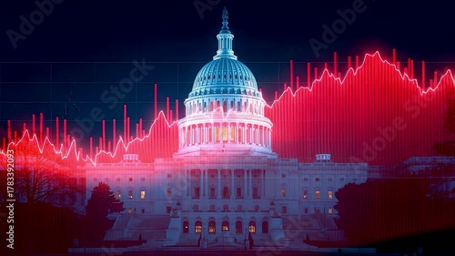 United States Capitol building with red stock market graph overlay showing economic crisis, financial volatility, and government policy impact