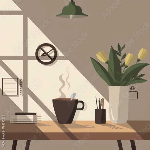 Flat design illustration of morning coffee routine with sunlight