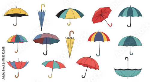 Diverse assortment of whimsical umbrellas in bright colors, open and closed, depicted in a playful, illustrative style on a white background.