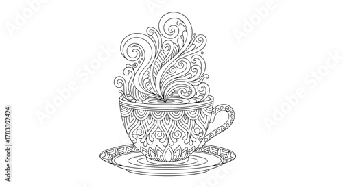 Stylized line art of a hot beverage cup with elegant mandala designs and ornate steam, offering a serene coloring experience.