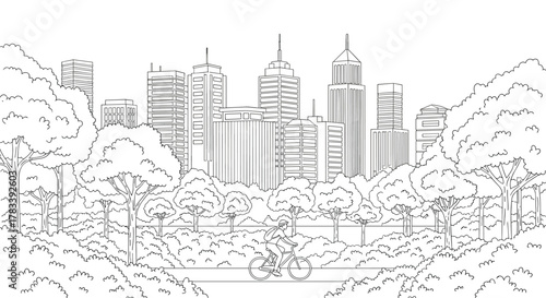 Scenic line art illustration of a vibrant city park with a cyclist, framed by a modern urban skyline.
