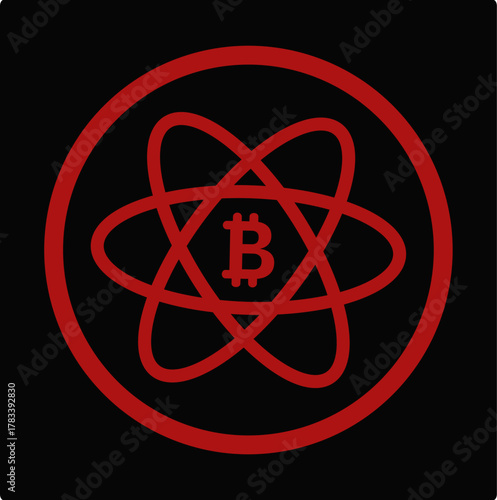 Atomic Bitcoin Symbol Icon, Red Cryptocurrency Vector Design on Black Background