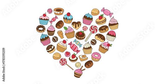 A delightful array of colorful sweets and desserts, including cupcakes, donuts, and candies, artfully arranged into a heart shape on a white background.