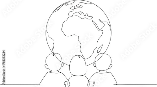 Three children looking at a globe in continuous line drawing