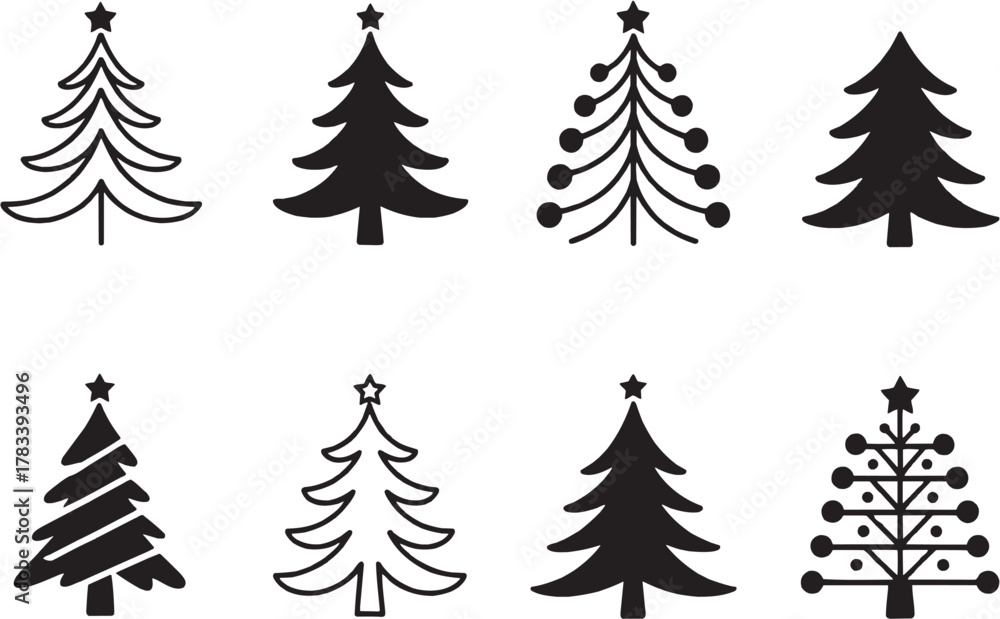 Obraz premium Christmas tree doodle icon set – hand-drawn evergreen pine trees in winter holiday style. Festive Xmas decoration symbols for greeting cards, stickers, crafts, and celebration designs. Vector illustra