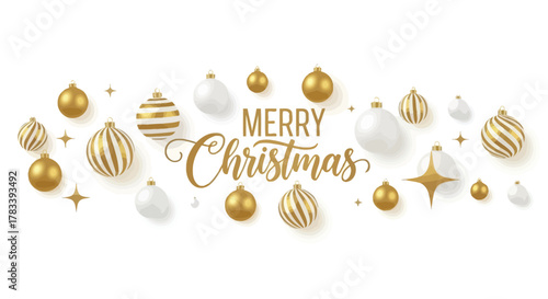 Elegant merry christmas greeting with gold and white ornaments and sparkling stars on a clean white background