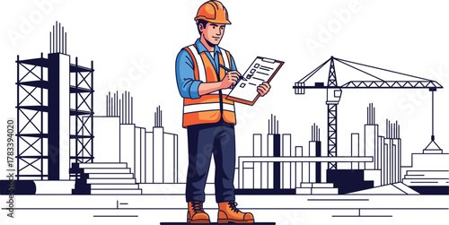 Cartoon construction worker inspection illustration with clipboard, safety helmet, protective vest, building site background, crane, rebar, boots, and workplace safety awareness