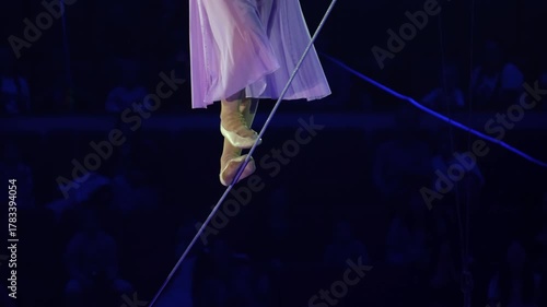 An aerial acrobat gracefully walking upwards on a tightrope in a circus. The image highlights the performer strength, balance, and precision, creating a captivating and dramatic moment