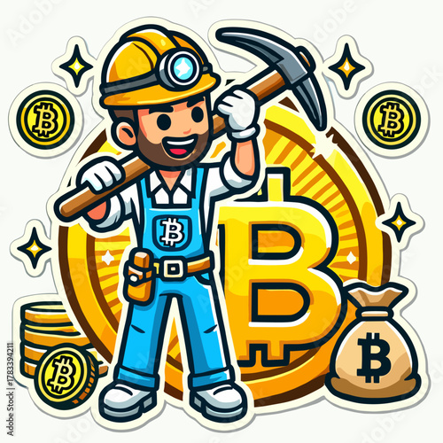 Guy Mines Bitcoin Logo Sticker Style on White Background – Cryptocurrency Miner Icon, BTC Mining Emblem, Digital Currency Vector Art for Crypto Enthusiasts and Blockchain Fans