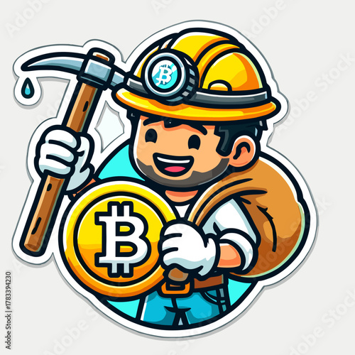 Guy Mines Bitcoin Logo Sticker Style on White Background – Cryptocurrency Miner Icon, BTC Mining Emblem, Digital Currency Vector Art for Crypto Enthusiasts and Blockchain Fans
