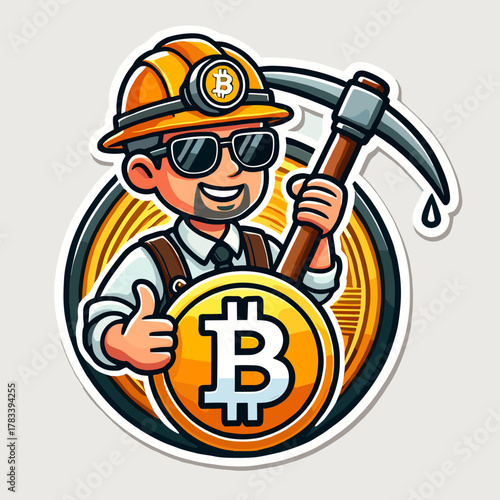 Guy Mines Bitcoin Logo Sticker Style on White Background – Cryptocurrency Miner Icon, BTC Mining Emblem, Digital Currency Vector Art for Crypto Enthusiasts and Blockchain Fans