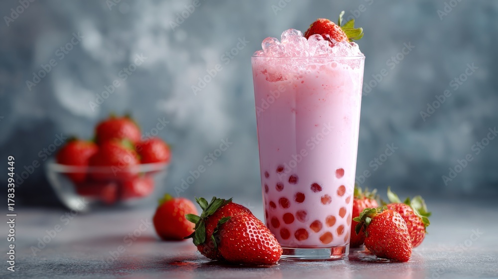 Fototapeta premium Refreshing Strawberry Drink with Tapioca Pearls and Ice Served in a Clear Glass Against a Blurred Background of Fresh Strawberries