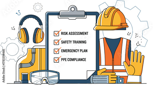 Workplace safety checklist illustration with PPE compliance, risk assessment, safety training, emergency plan, protective equipment, and industrial safety awareness