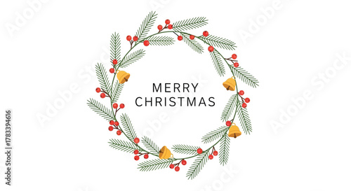 Festive merry christmas wreath with evergreen branches red berries and golden bells on a white background