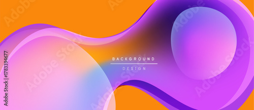 Abstract fluid shapes blend vibrant colors. Orange backdrop complements purple, pink gradients. Modern design element for backgrounds.