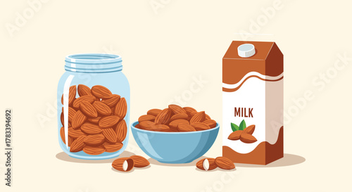 Fresh almonds displayed in a glass jar and a bowl, accompanied by a carton of almond milk, illustrating healthy plant-based nutrition.