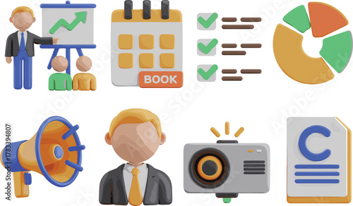 3D business icons set featuring presentation, calendar, checklist, chart, megaphone, businessman, projector, and document for corporate marketing design