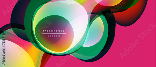 Abstract colorful design. Overlapping circles, flowing shapes create dynamic composition. Bright pink backdrop enhances visual impact. Modern aesthetic.