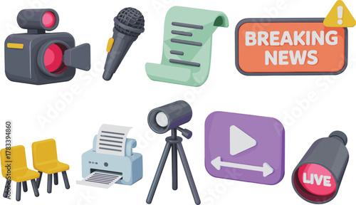 3D business icons set featuring presentation, calendar, checklist, chart, megaphone, businessman, projector, and document for corporate marketing design