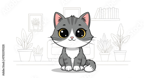 An adorable gray and white cartoon cat with big expressive eyes sits cheerfully in a minimalist outlined living room surrounded by plants.