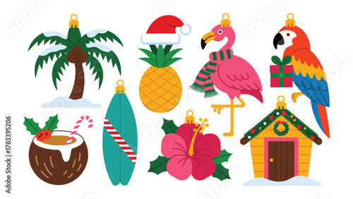 Tropical Christmas Ornaments: A vibrant collection of Christmas ornaments, each reflecting the warmth and charm of a tropical holiday. Including a flamingo, coconut, surfboard, pineapple.