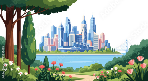 Flat illustration depicting a serene park with colorful flowers and trees overlooking a vibrant modern city skyline across a calm river.