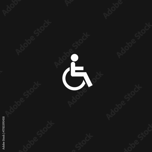 A white wheelchair symbol with a person seated, centered on a black background.