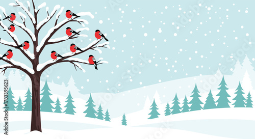 A serene winter landscape featuring a snow-covered tree filled with vibrant red bullfinches, surrounded by snowy fir trees and gentle falling snow.