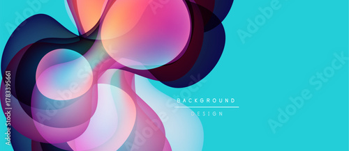 Abstract colorful shapes overlap, creating dynamic visual effect. Turquoise background complements vibrant hues. Modern design element.