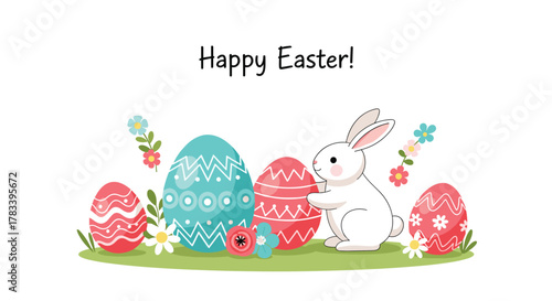A cheerful white rabbit among festive Easter eggs and spring flowers, with \.