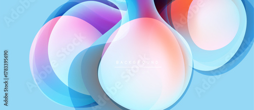 Abstract fluid shapes overlap, creating vibrant color gradients. Light blue background enhances dynamic composition. Modern design element.