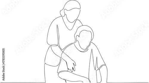 Woman helping elderly person in wheelchair continuous line drawing