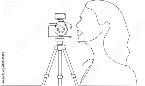 Woman's profile facing camera on tripod line art drawing