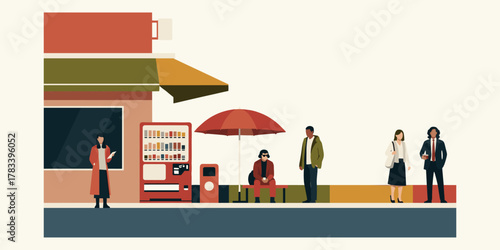 People waiting for transportation at a bus stop next to a vending machine with an umbrella and a shop in the background