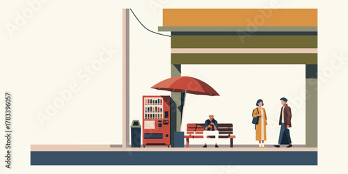 Waiting at the Bus Stop A Minimalist Illustration of Everyday Life with a Vending Machine