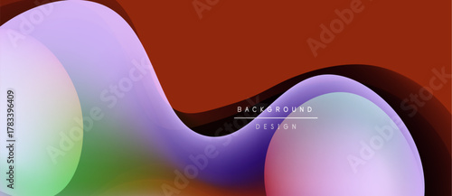 Abstract fluid shapes overlap, creating vibrant color gradients. Red background contrasts with cool tones. Modern design element.