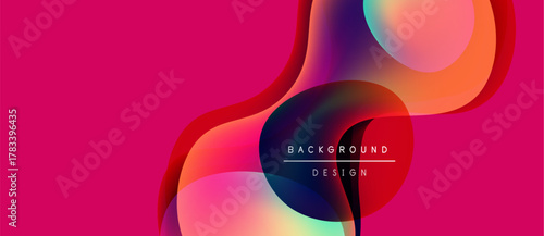 Abstract fluid shapes overlap, creating vibrant color gradients. Pink background enhances dynamic visual effect. Modern design element.