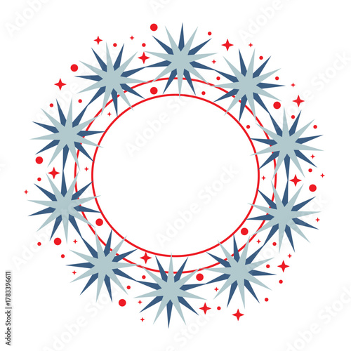Round holiday frame of large and small snowflakes. Star shapes. Flat vector design. Blue, red and gray color. Christmas, New Year.
