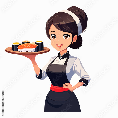 Smiling chef holding sushi platter against a white background
