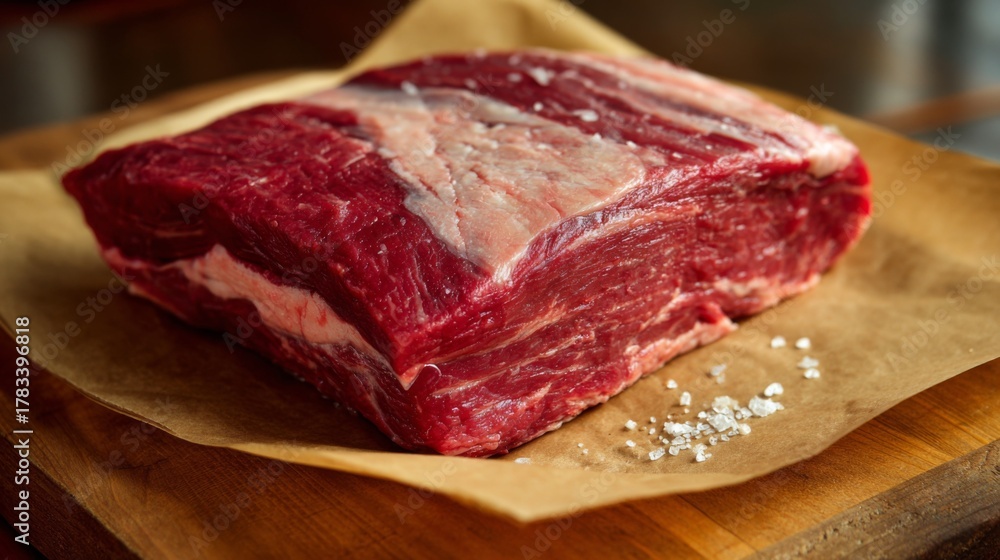 Fototapeta premium Fresh Raw Beef Cut with Marbling on Brown Paper in Rustic Kitchen Setting Ready for Cooking and Preparing Delicious Meals